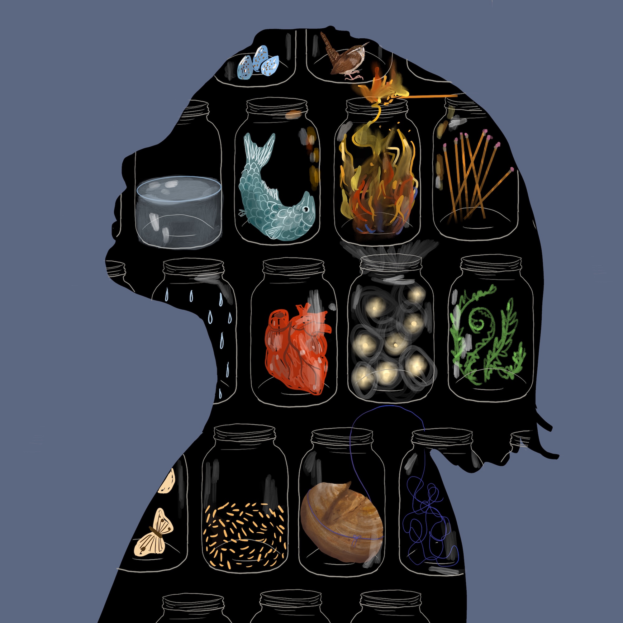 Illustration of a child's silhouette with jars filling the silhouette and different objects in each jar including a fish, a heart, butterfly, loaf of bread